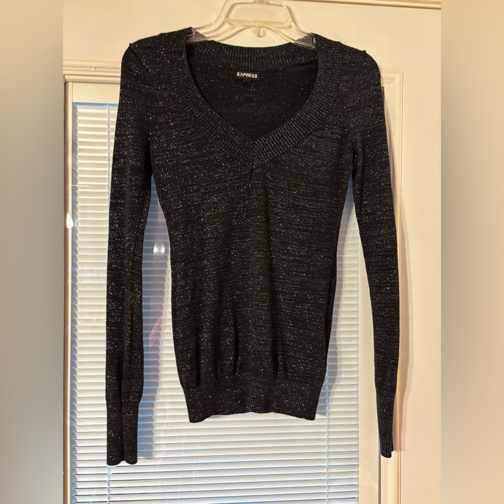 Express Women's Sparkling Black V-Neck Sweater